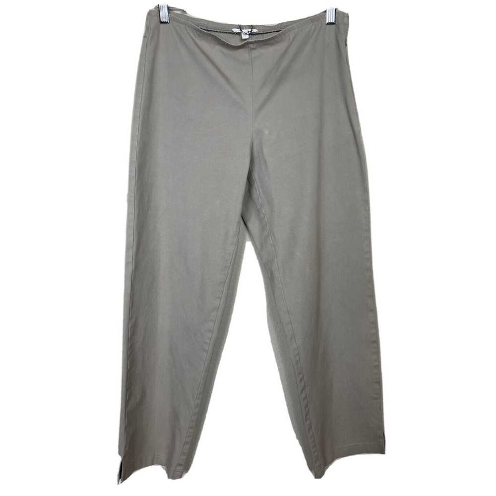 Eileen Fisher Organic Cotton Straight Leg Pant tan khaki Side Zip stretch, sz S